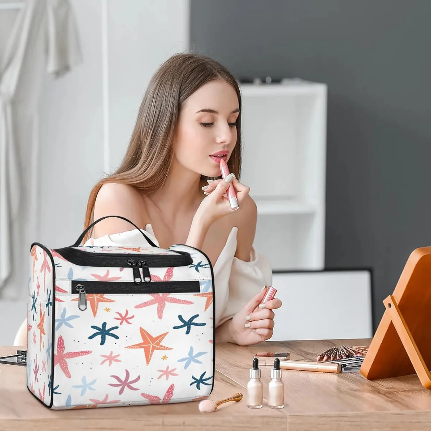 Colorful Starfish Large Makeup Bag Travel Make Up Organizer for Women Girls Cosmetic Bag Organizer With Handle