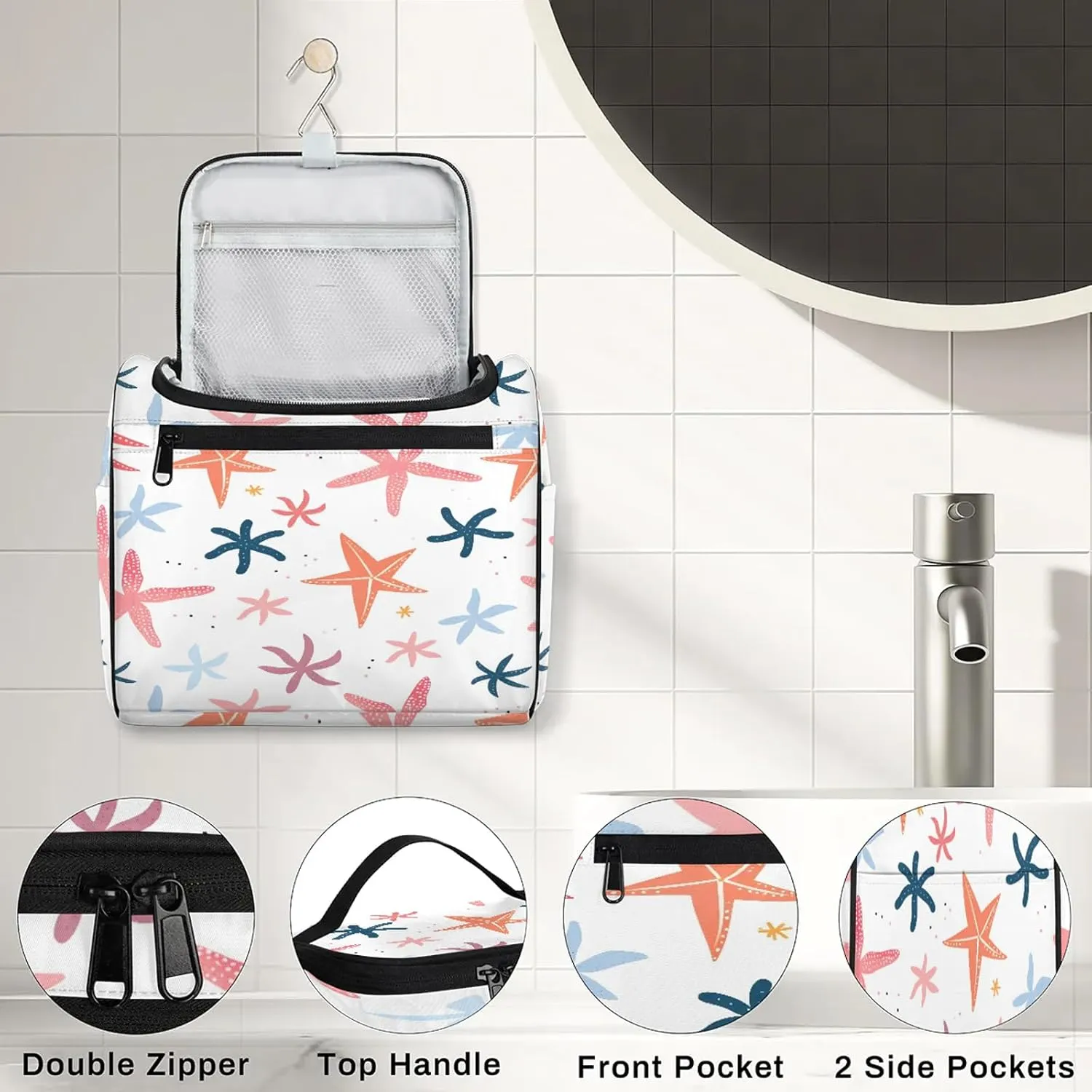 Colorful Starfish Large Makeup Bag Travel Make Up Organizer for Women Girls Cosmetic Bag Organizer With Handle
