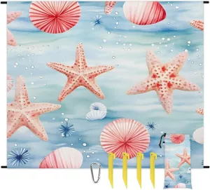 Colorful Starfish Shell Beach Blanket, Sandproof Beach Mat, 68 x 59 Waterproof Quick Drying Sand Free Mat with 4 x Ground Spikes for Outdoor Travel Camping Hiking, Coral Starfish Summer