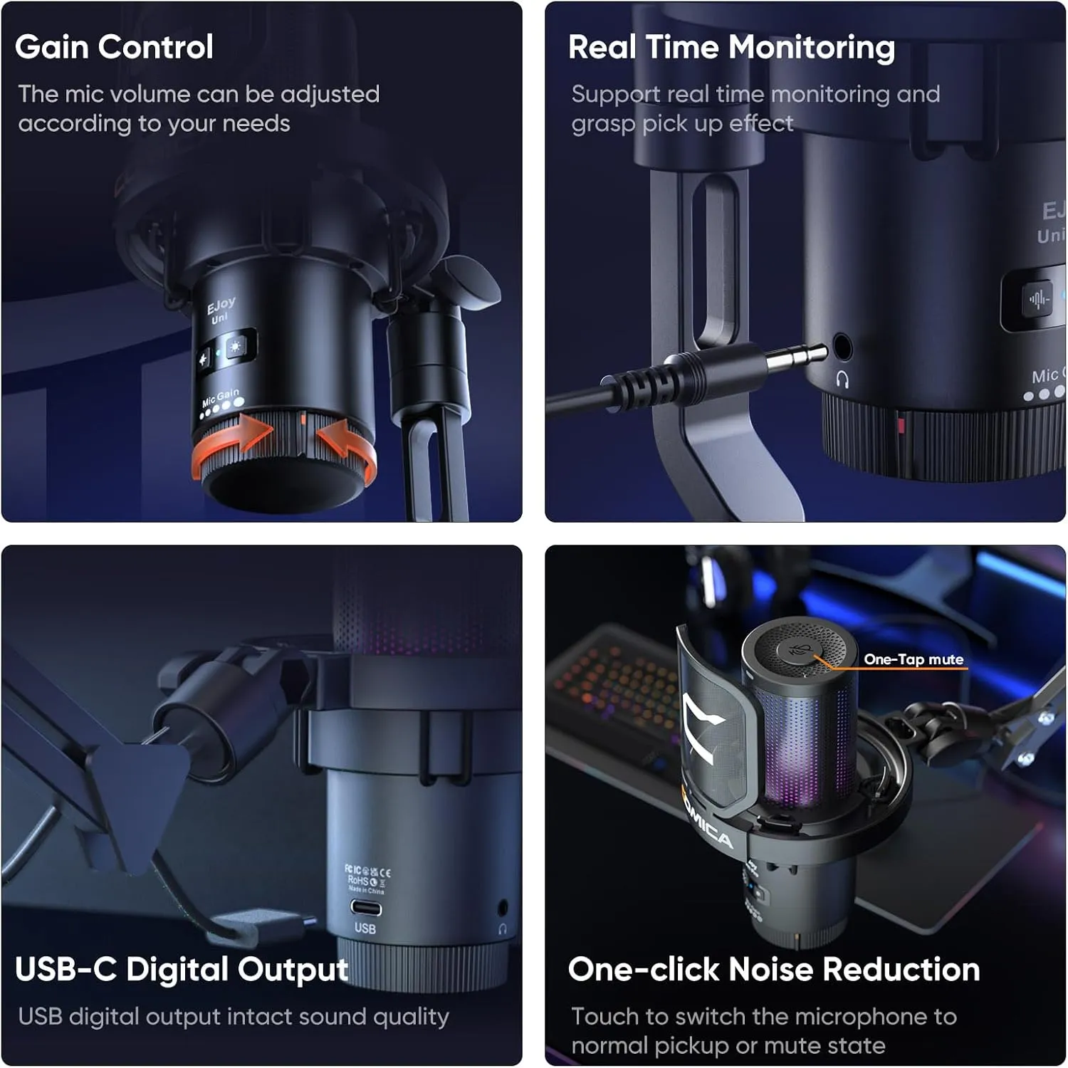 COMICA EJoy Uni USB Condenser Gaming for PC, PS4, PS5, USB C Phone, and Mac, Boom Arm RGB Computer Mic for Twitch, Streaming/Podcasting/YouTube, Noise Cancellation Mic with Mute, Gain, Monitoring