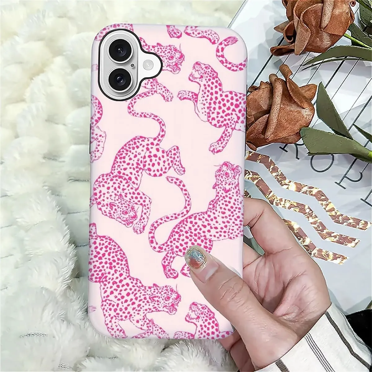 Compatible with iPhone 16 Case - Dual-Layer Protection, Hard Shell with Silicone Interior,Slim Scratch Resistant Shockproof for Woman Men - Pink Cheetah