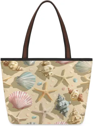 Conch Shell Starfish Reusable Tote Bag - Lightweight shoulder bag with zipper, suitable for work, school