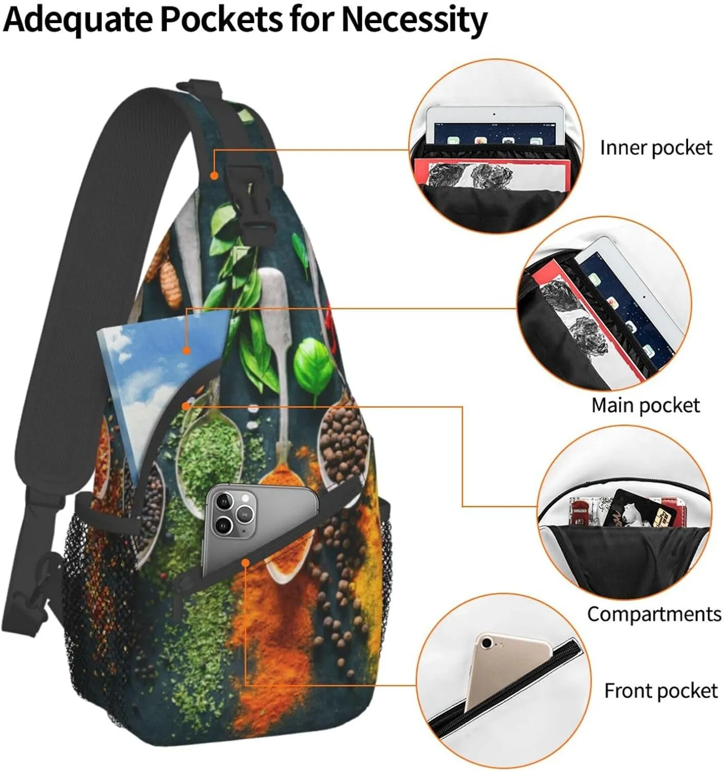 Condiments Spices Unisex Casual Diagonal Chest Bag,Multipurpose Crossbody Shoulder Bag Travel Hiking Daypack