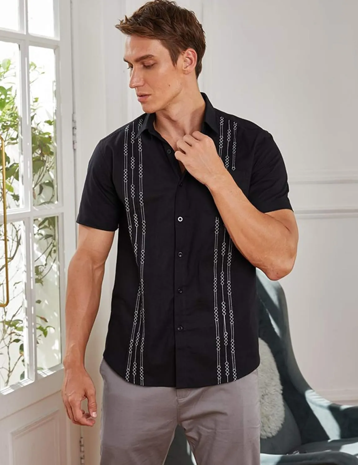 COOFANDY Mens Cuban Guayabera Shirt Short Sleeve Linen Button Down Shirts Casual Summer Beach Tops