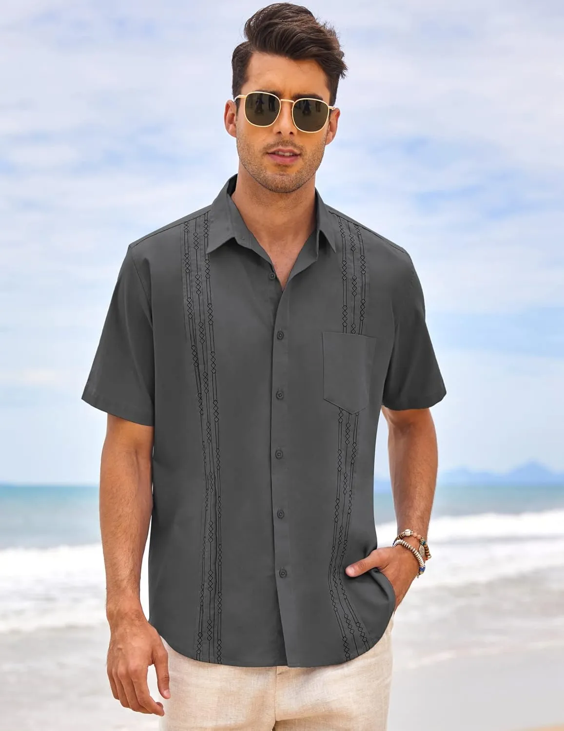 COOFANDY Mens Cuban Guayabera Shirt Short Sleeve Linen Button Down Shirts Casual Summer Beach Tops
