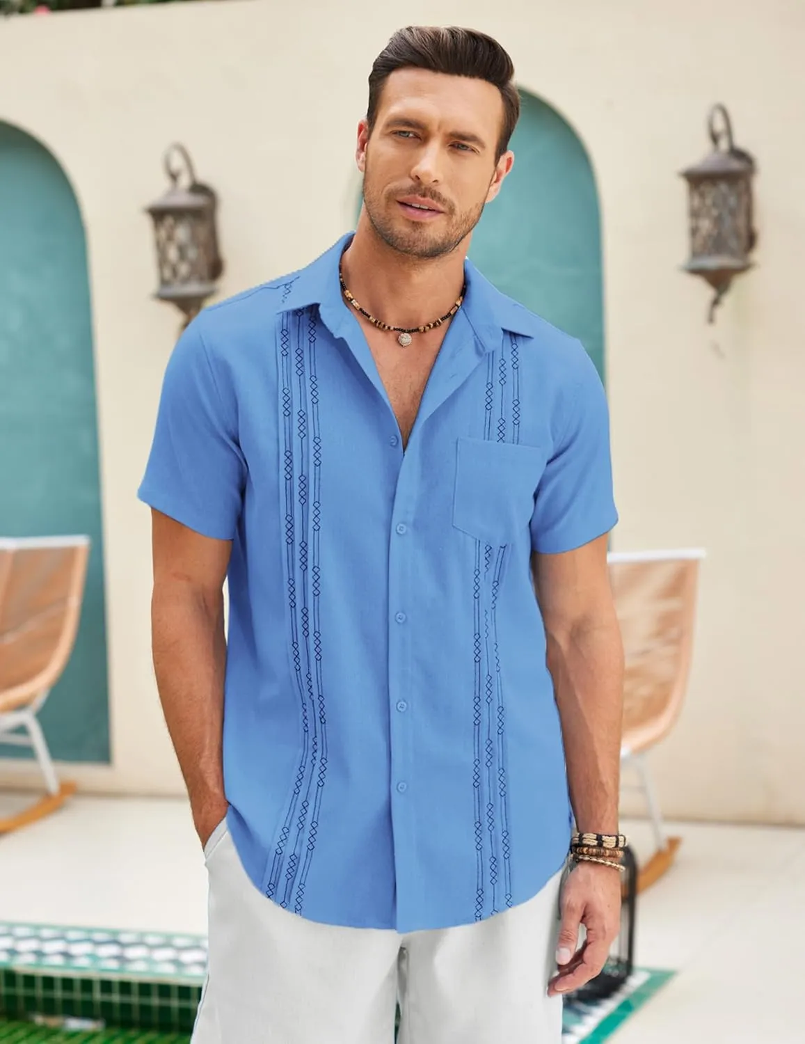 COOFANDY Mens Cuban Guayabera Shirt Short Sleeve Linen Button Down Shirts Casual Summer Beach Tops
