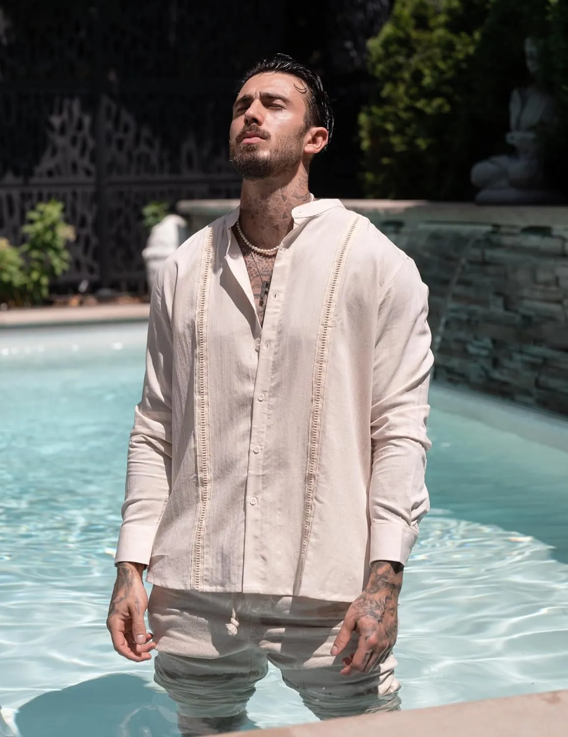 COOFANDY Men's Cuban Guayabera Shirts Casual Long Sleeve Button Down Shirts Band Collar Linen Summer Beach Shirts