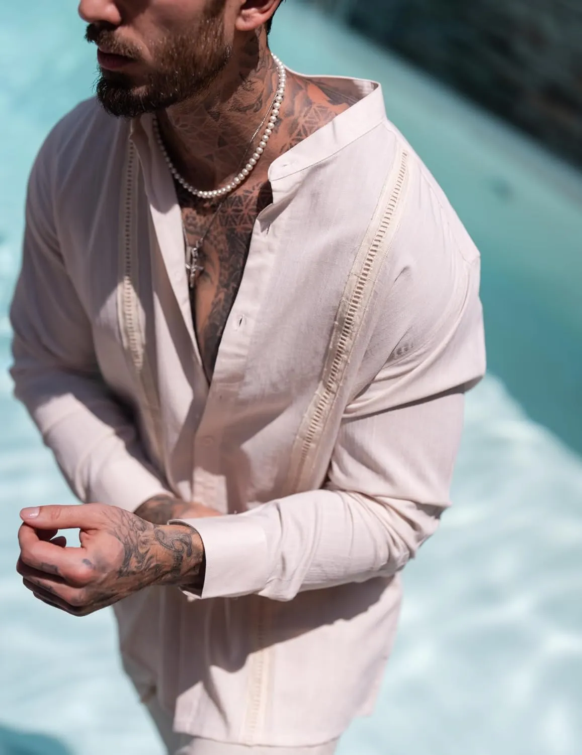COOFANDY Men's Cuban Guayabera Shirts Casual Long Sleeve Button Down Shirts Band Collar Linen Summer Beach Shirts