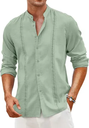 COOFANDY Men's Cuban Guayabera Shirts Casual Long Sleeve Button Down Shirts Band Collar Linen Summer Beach Shirts