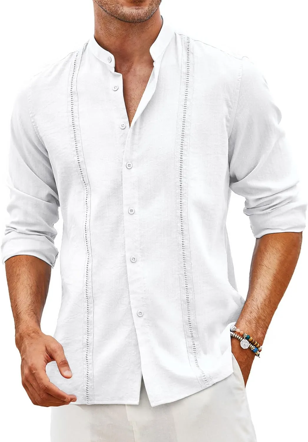 COOFANDY Men's Cuban Guayabera Shirts Casual Long Sleeve Button Down Shirts Band Collar Linen Summer Beach Shirts