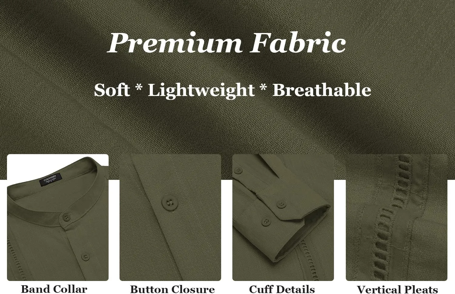 COOFANDY Men's Cuban Guayabera Shirts Casual Long Sleeve Button Down Shirts Band Collar Linen Summer Beach Shirts