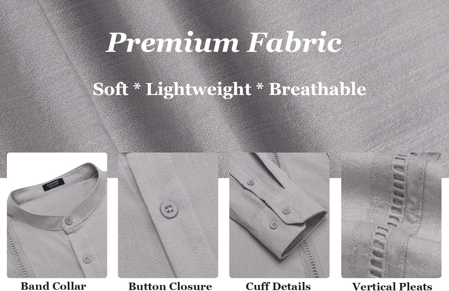 COOFANDY Men's Cuban Guayabera Shirts Casual Long Sleeve Button Down Shirts Band Collar Linen Summer Beach Shirts