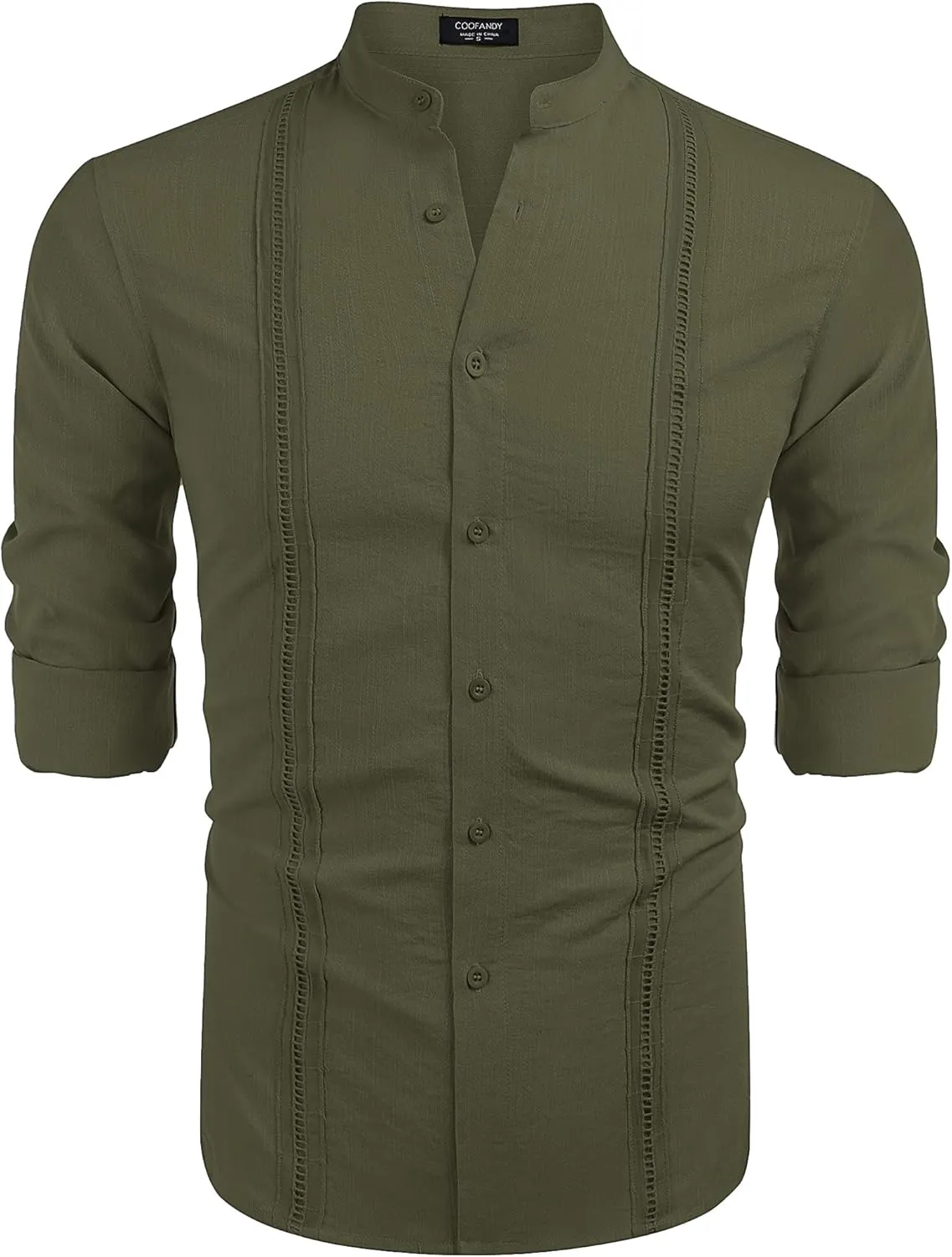 COOFANDY Men's Cuban Guayabera Shirts Casual Long Sleeve Button Down Shirts Band Collar Linen Summer Beach Shirts