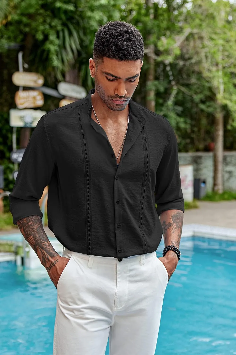 COOFANDY Men's Cuban Guayabera Shirts Casual Long Sleeve Button Down Shirts Band Collar Linen Summer Beach Shirts