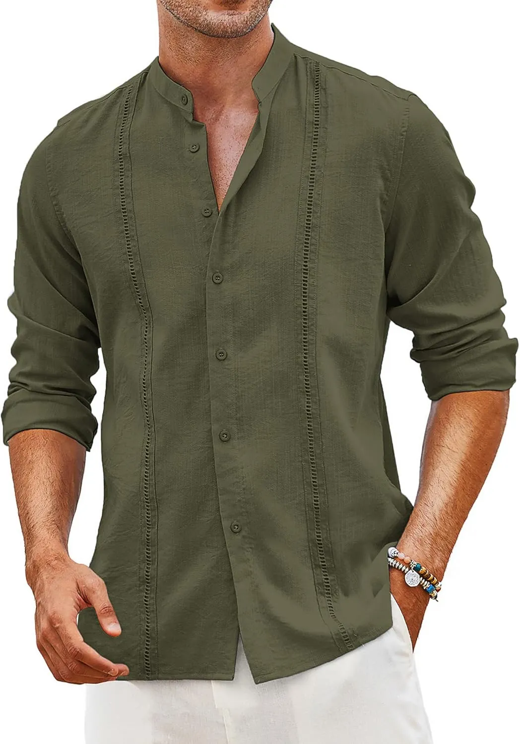 COOFANDY Men's Cuban Guayabera Shirts Casual Long Sleeve Button Down Shirts Band Collar Linen Summer Beach Shirts
