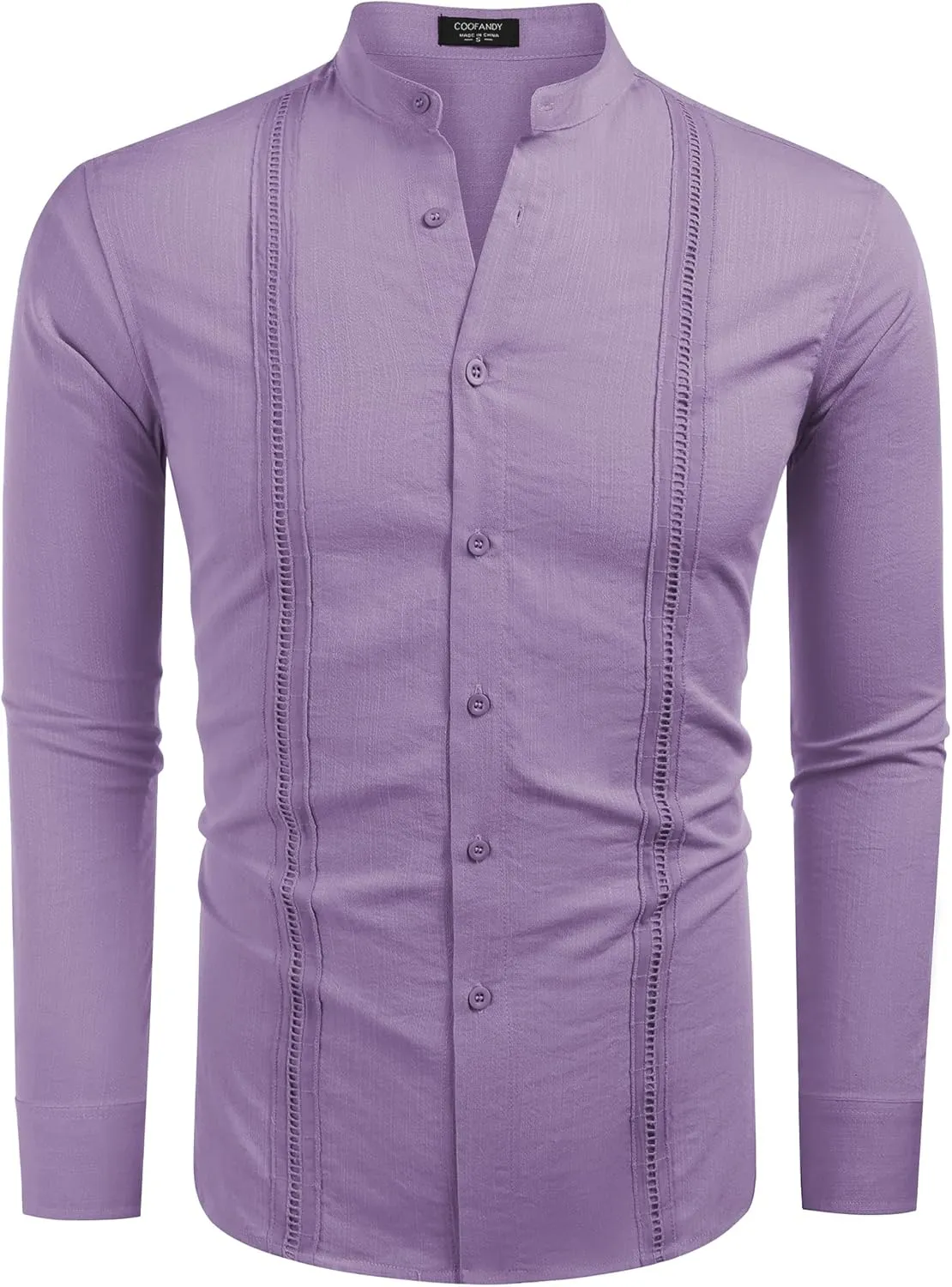 COOFANDY Men's Cuban Guayabera Shirts Casual Long Sleeve Button Down Shirts Band Collar Linen Summer Beach Shirts