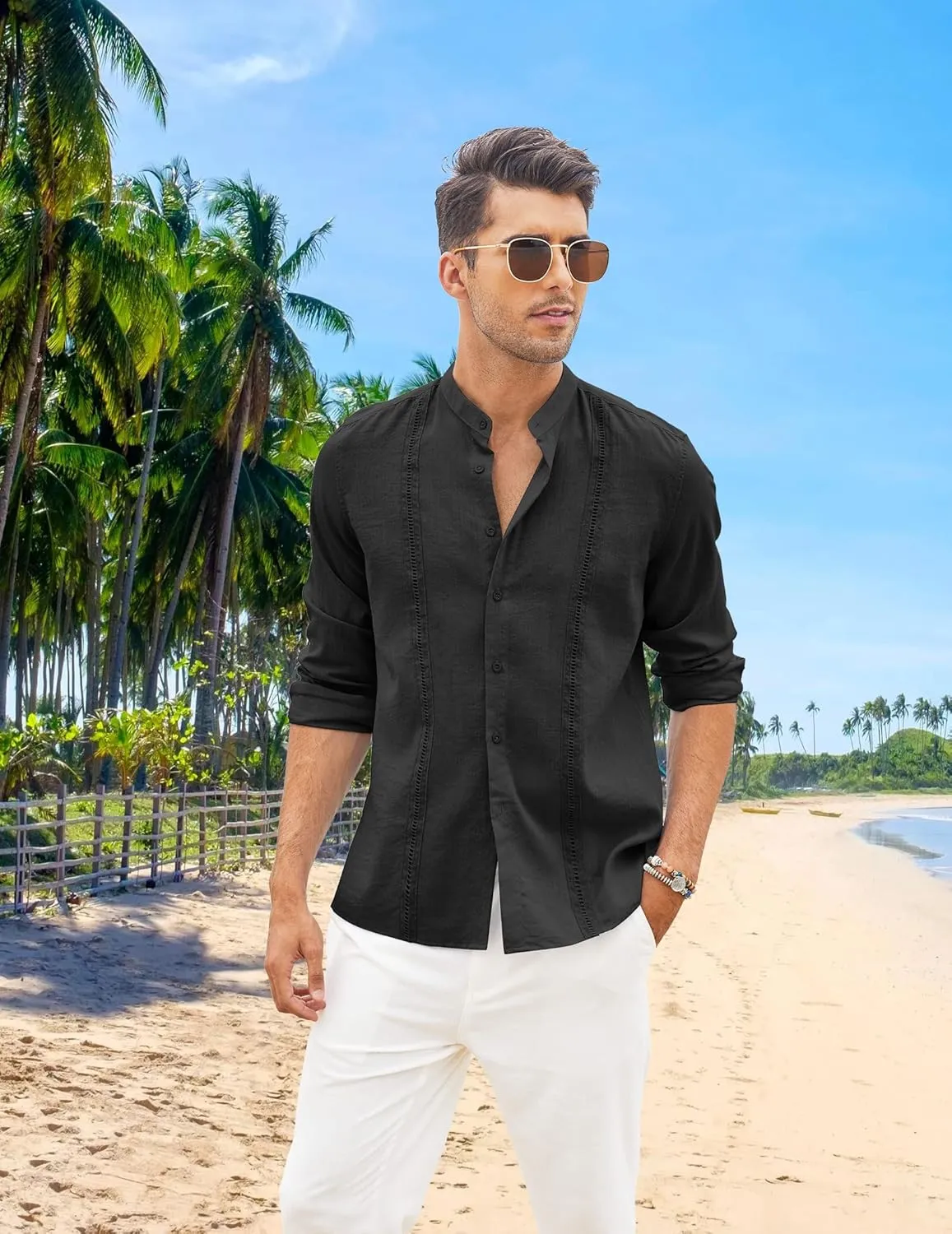 COOFANDY Men's Cuban Guayabera Shirts Casual Long Sleeve Button Down Shirts Band Collar Linen Summer Beach Shirts