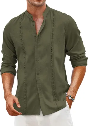 COOFANDY Men's Cuban Guayabera Shirts Casual Long Sleeve Button Down Shirts Band Collar Linen Summer Beach Shirts