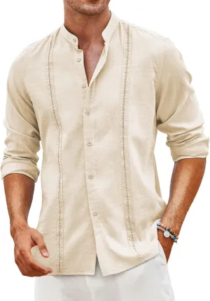 COOFANDY Men's Cuban Guayabera Shirts Casual Long Sleeve Button Down Shirts Band Collar Linen Summer Beach Shirts