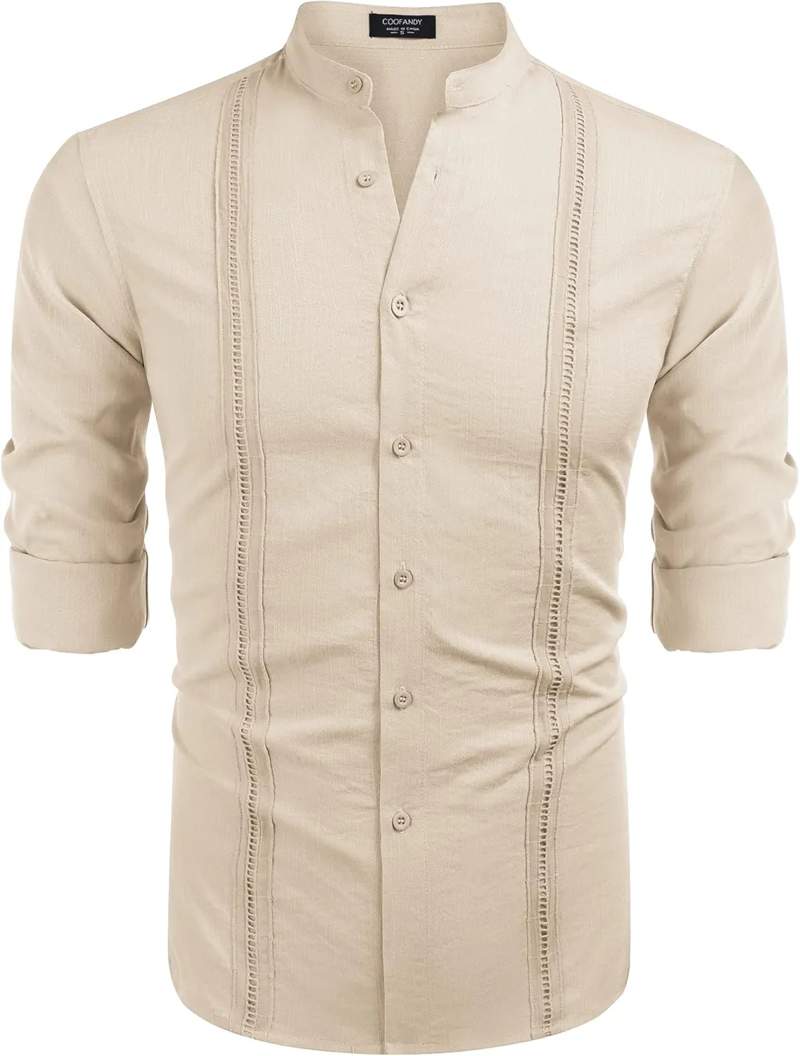 COOFANDY Men's Cuban Guayabera Shirts Casual Long Sleeve Button Down Shirts Band Collar Linen Summer Beach Shirts