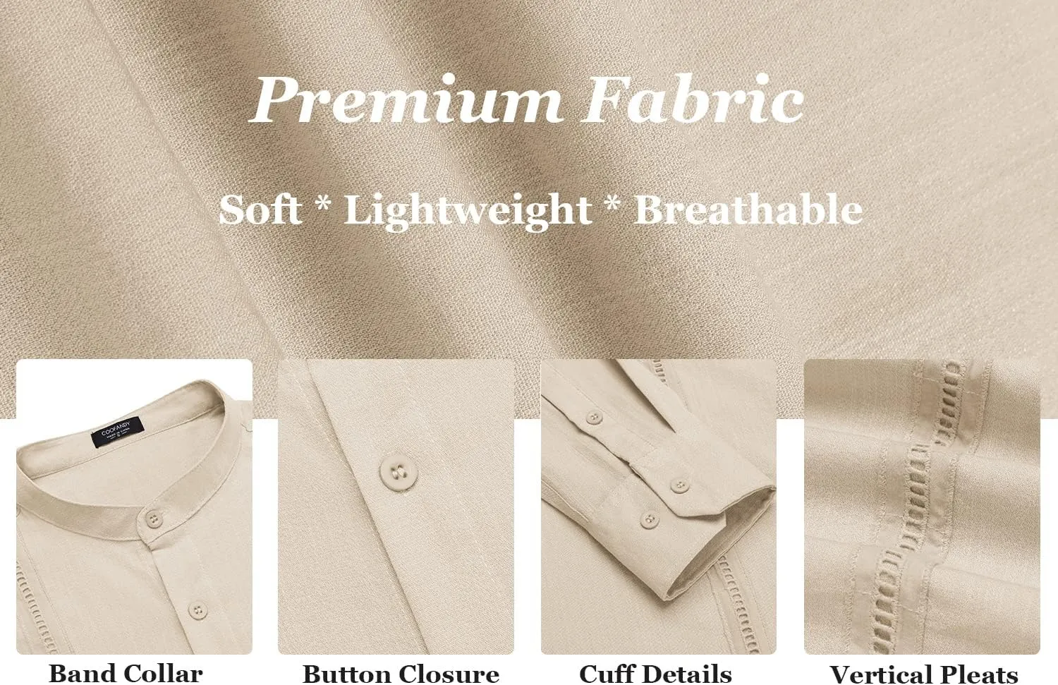 COOFANDY Men's Cuban Guayabera Shirts Casual Long Sleeve Button Down Shirts Band Collar Linen Summer Beach Shirts