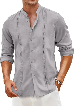 COOFANDY Men's Cuban Guayabera Shirts Casual Long Sleeve Button Down Shirts Band Collar Linen Summer Beach Shirts