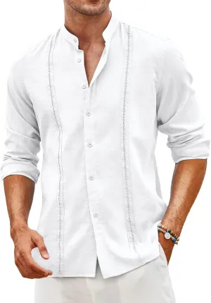 COOFANDY Men's Cuban Guayabera Shirts Casual Long Sleeve Button Down Shirts Band Collar Linen Summer Beach Shirts
