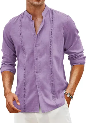 COOFANDY Men's Cuban Guayabera Shirts Casual Long Sleeve Button Down Shirts Band Collar Linen Summer Beach Shirts