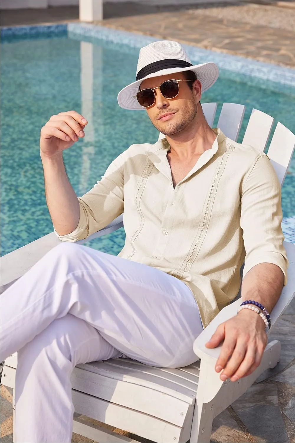 COOFANDY Men's Cuban Guayabera Shirts Casual Long Sleeve Button Down Shirts Band Collar Linen Summer Beach Shirts