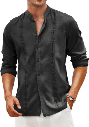 COOFANDY Men's Cuban Guayabera Shirts Casual Long Sleeve Button Down Shirts Band Collar Linen Summer Beach Shirts