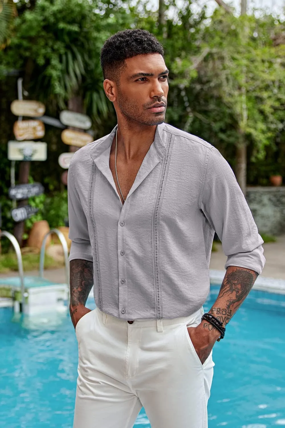 COOFANDY Men's Cuban Guayabera Shirts Casual Long Sleeve Button Down Shirts Band Collar Linen Summer Beach Shirts