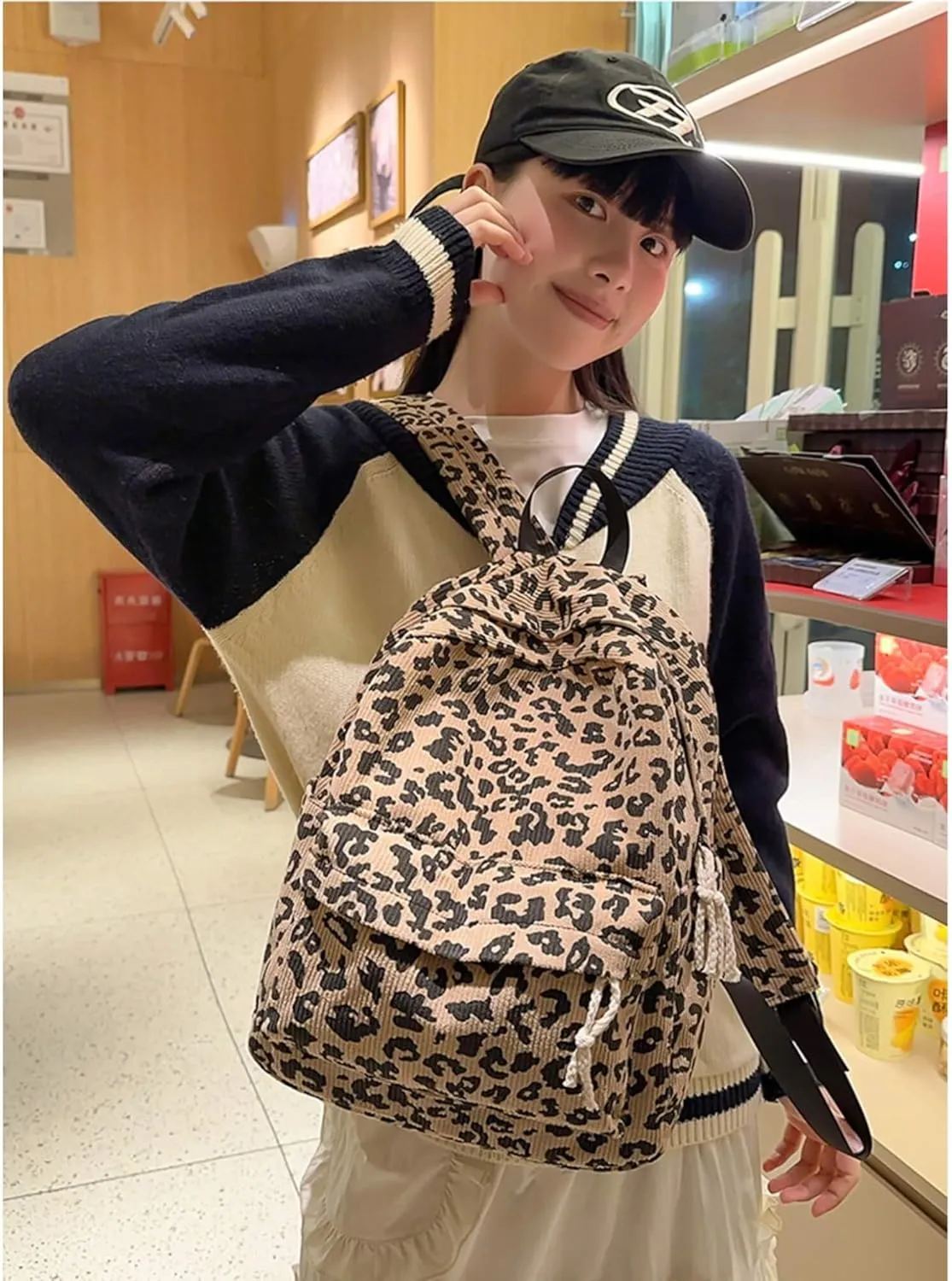 Corduroy Backpack for Women, Fashion Mini Backpack Purse, Animal Print Small Casual Daypack Bookbag (Corduroy Leopard Print C)