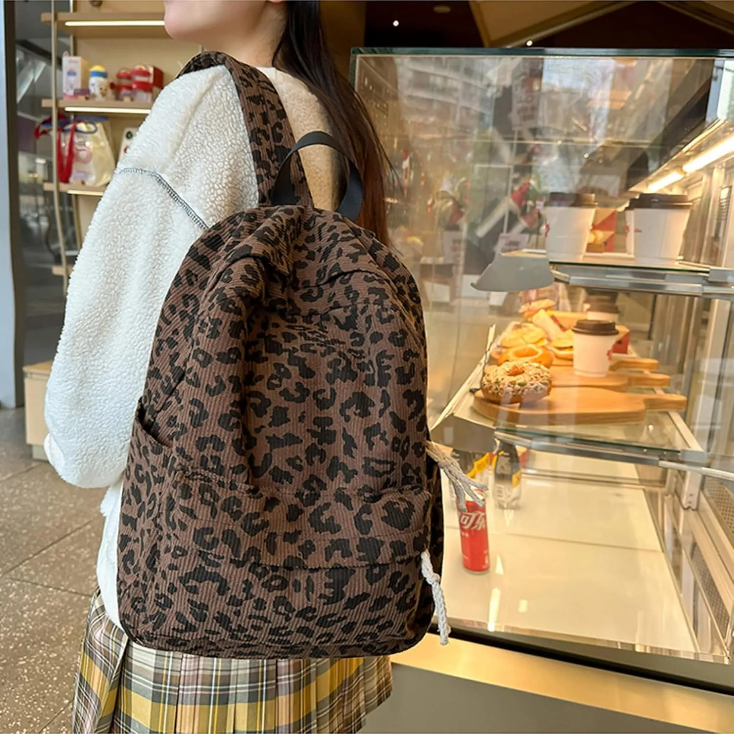 Corduroy Backpack for Women, Fashion Mini Backpack Purse, Animal Print Small Casual Daypack Bookbag (Corduroy Leopard Print D)