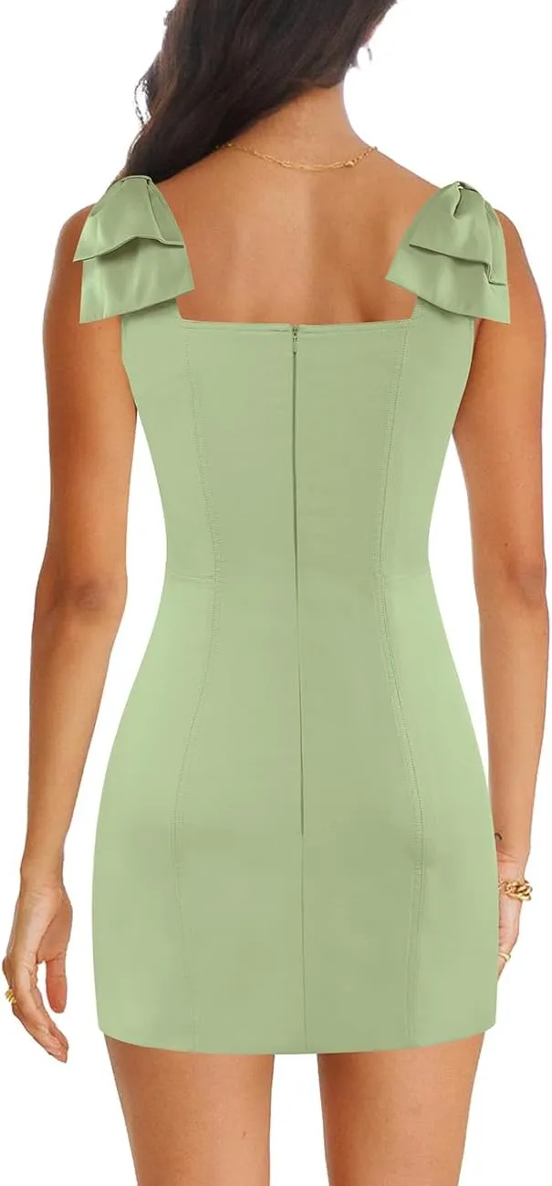 Cosonsen Women's Party Dress 2025 Square Neck Bow Strap Mini Sheath Dresses