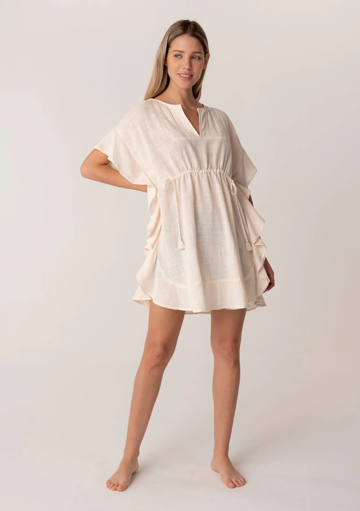 Cotton Embroidered Ruffle Sleeve Caftan