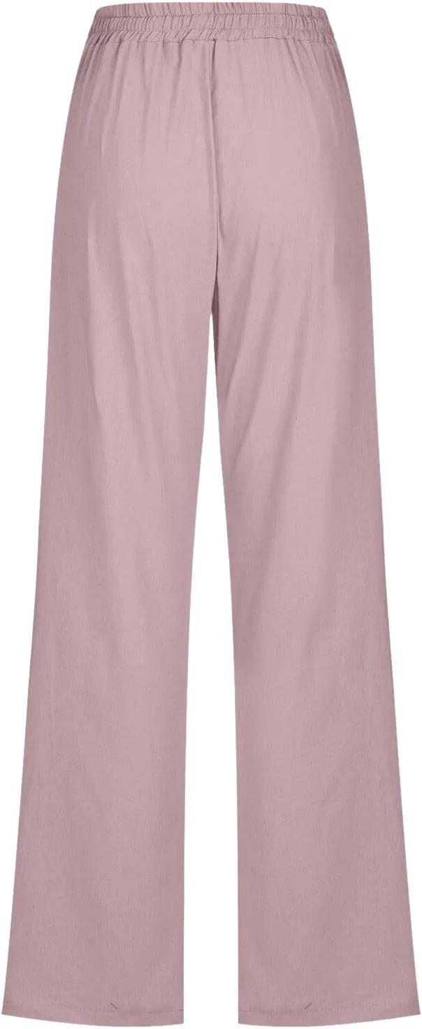 Cotton Linen Pants for Women Drawstring Lightweight Pants Plus Size Wide Leg Sweatpants Summer Elastic Waist Trousers
