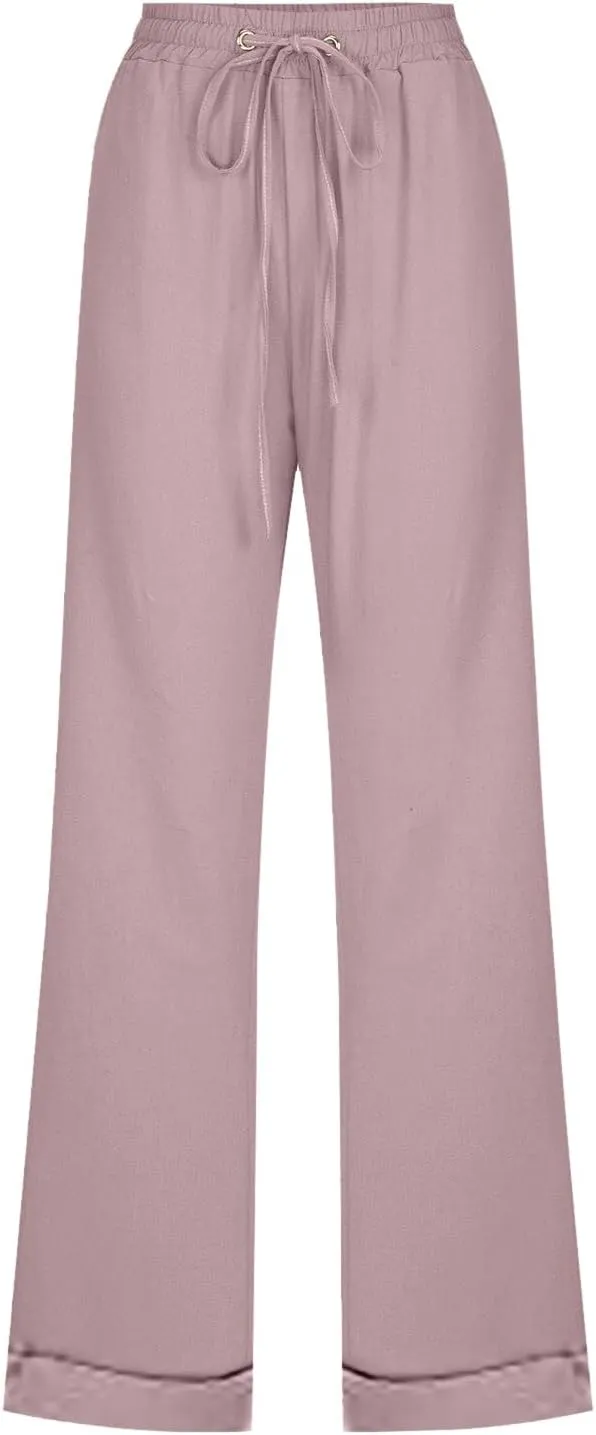 Cotton Linen Pants for Women Drawstring Lightweight Pants Plus Size Wide Leg Sweatpants Summer Elastic Waist Trousers