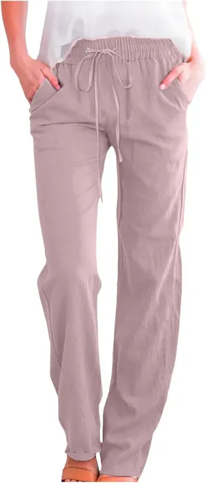 Cotton Linen Pants for Women Drawstring Lightweight Pants Plus Size Wide Leg Sweatpants Summer Elastic Waist Trousers