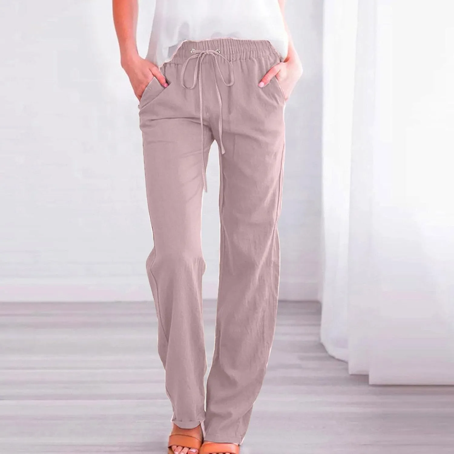 Cotton Linen Pants for Women Drawstring Lightweight Pants Plus Size Wide Leg Sweatpants Summer Elastic Waist Trousers