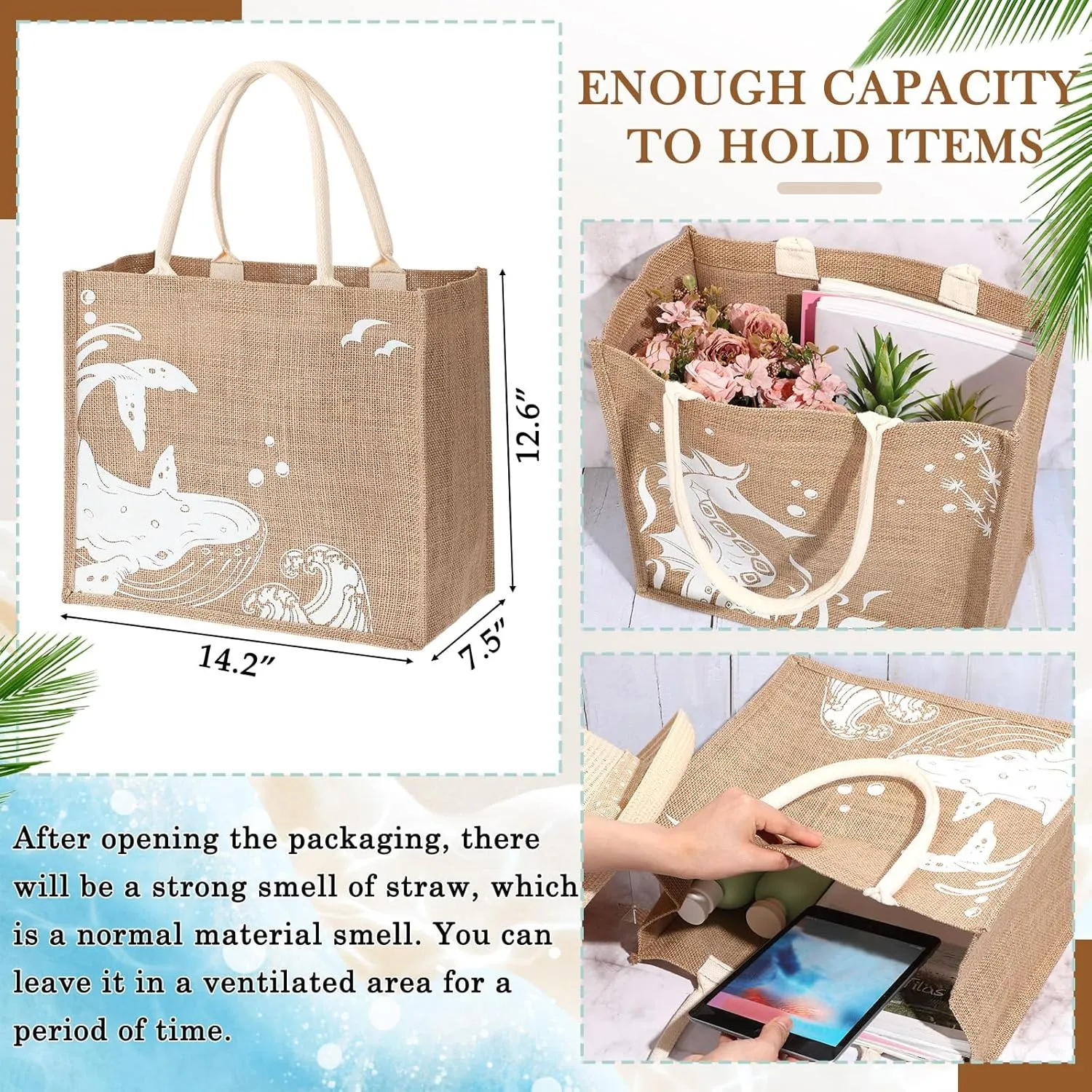 Coume 10 Pack Beach Burlap Tote Bags Bulk Large Beach Jute Tote Bags with Handles 14.2"x 12.6"x 7.5" for DIY Wedding Gift(White)