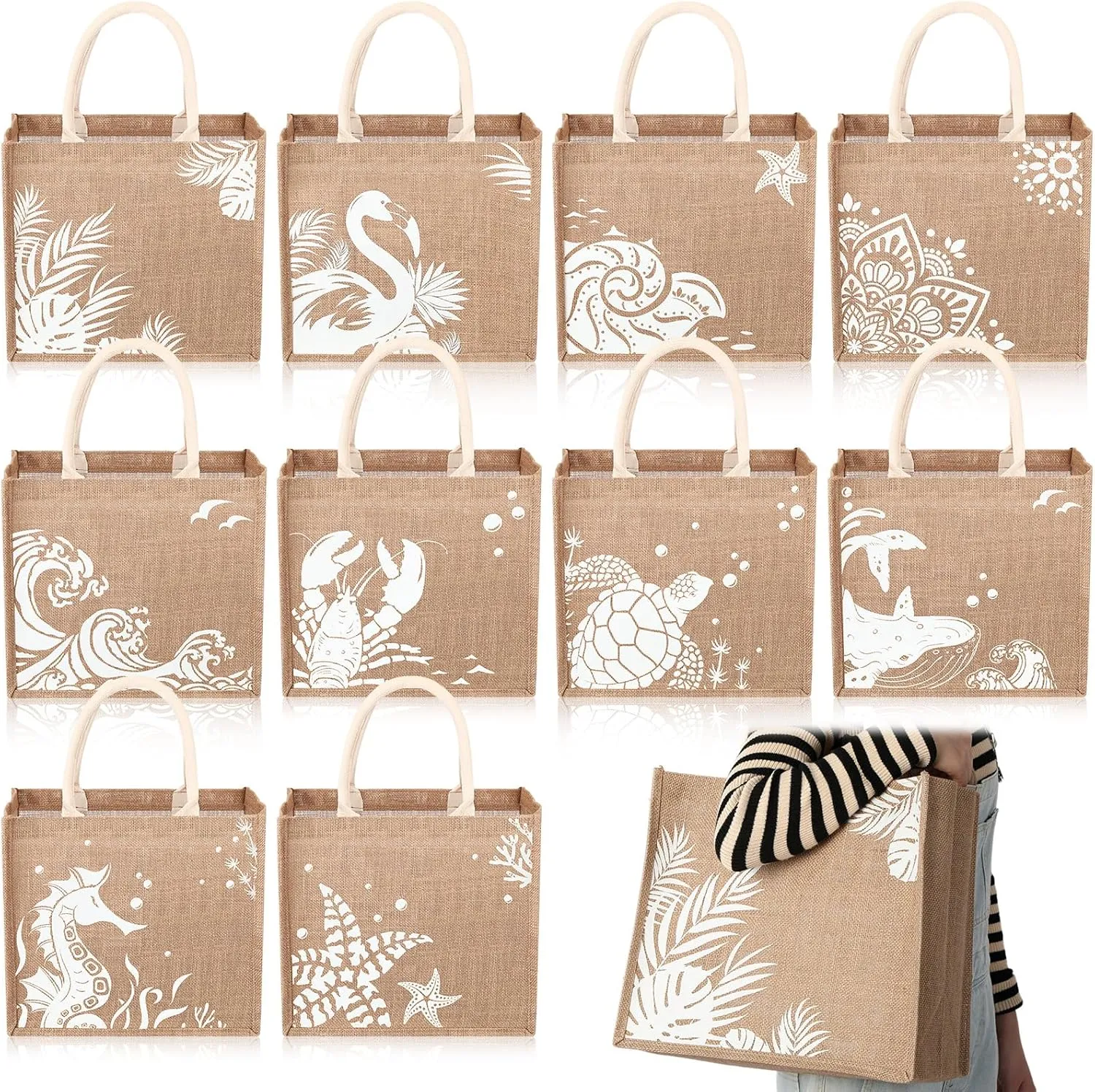 Coume 10 Pack Beach Burlap Tote Bags Bulk Large Beach Jute Tote Bags with Handles 14.2"x 12.6"x 7.5" for DIY Wedding Gift(White)