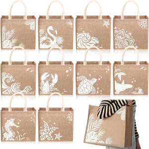 Coume 10 Pack Beach Burlap Tote Bags Bulk Large Beach Jute Tote Bags with Handles 14.2"x 12.6"x 7.5" for DIY Wedding Gift(White)