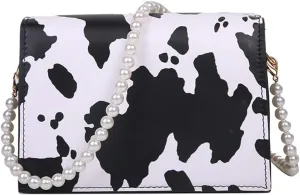 Cow Print Clutches Pearl Strap Evening Purse Mini Handbag Crossbody Bag