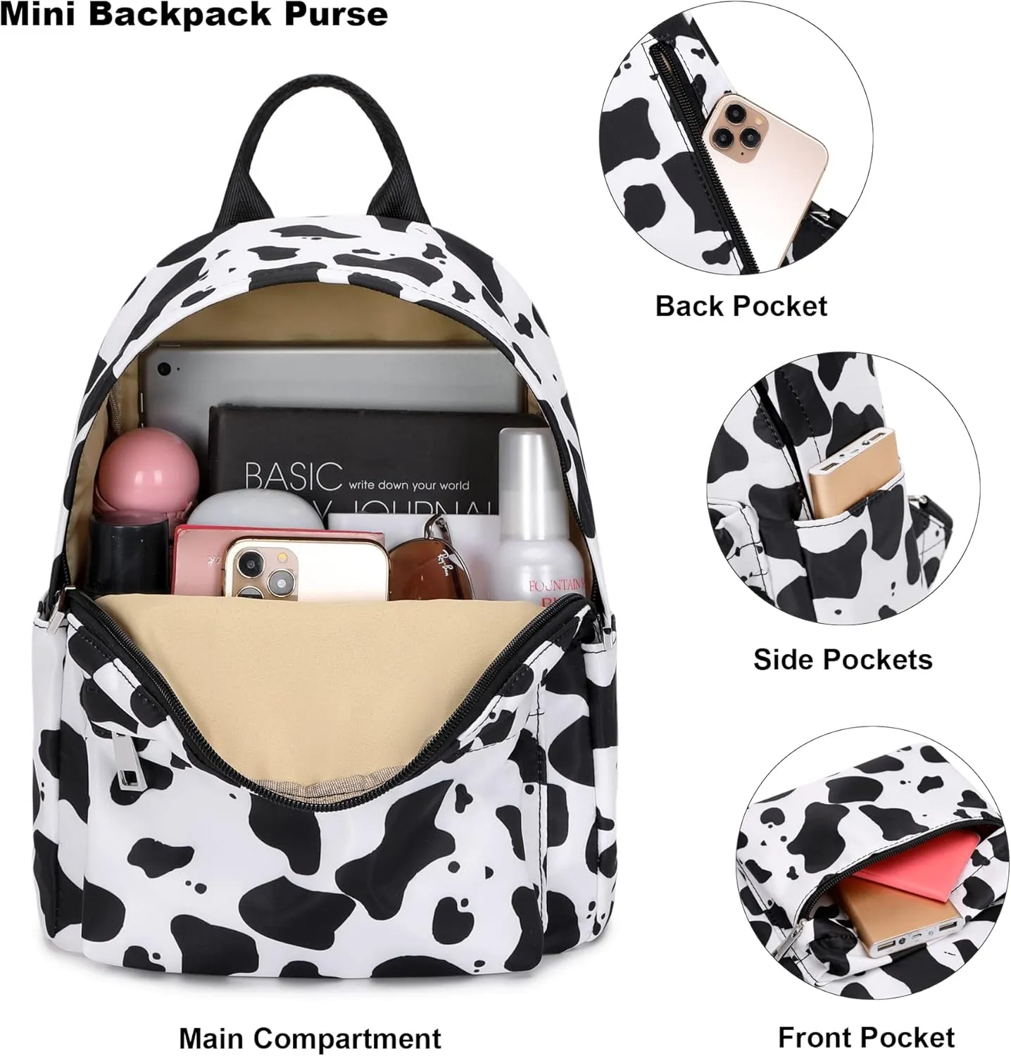 Cow Print Mini Backpack Women Girls, Small Backpack Purse for Adults Teens Kids School Travel