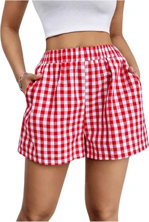 COZYEASE Women's Striped Print Elastic High Waisted Shorts Casual Wide Leg Summer Boxer Shorts with Pockets