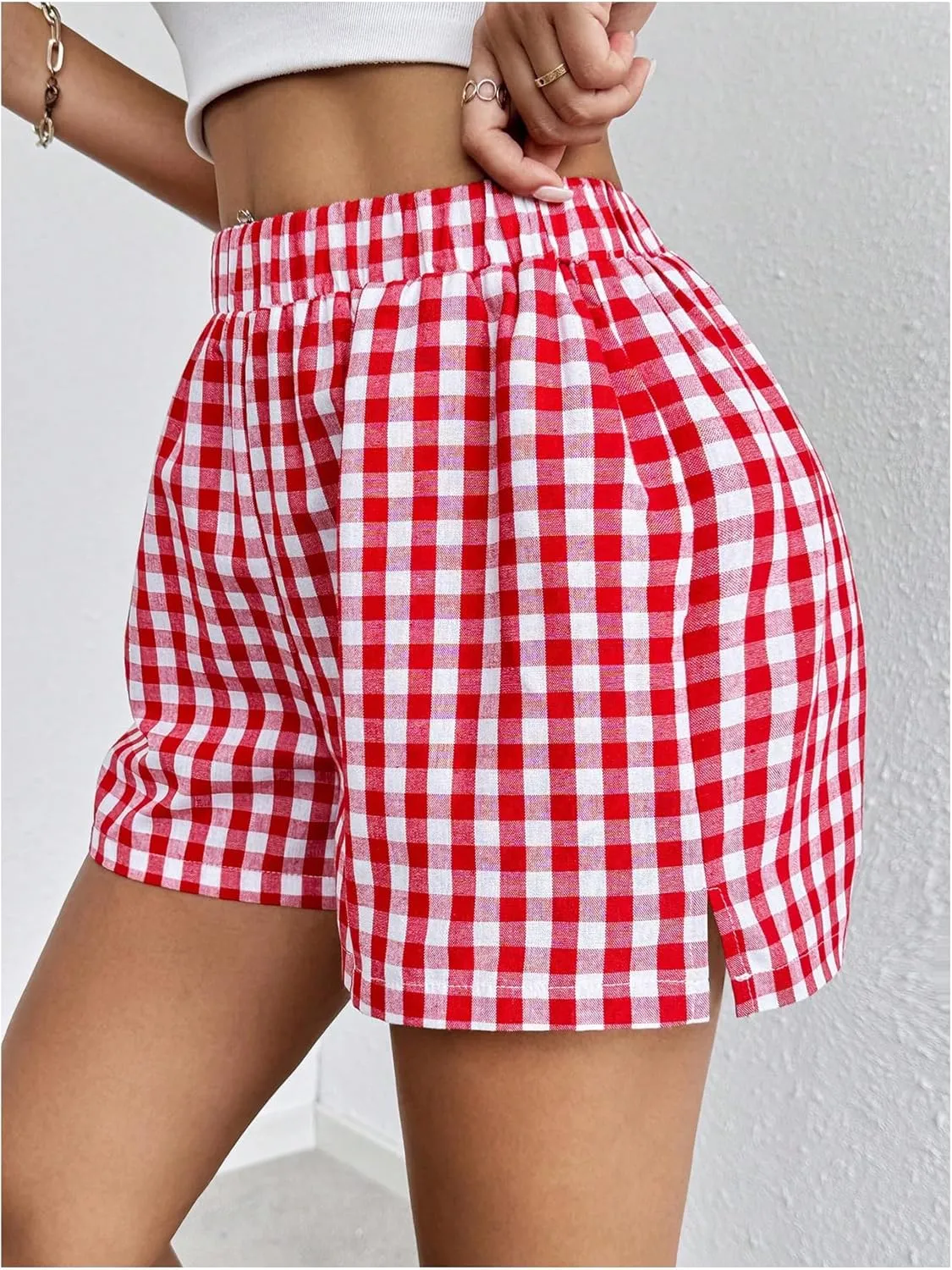 COZYEASE Women's Striped Print Elastic High Waisted Shorts Casual Wide Leg Summer Boxer Shorts with Pockets