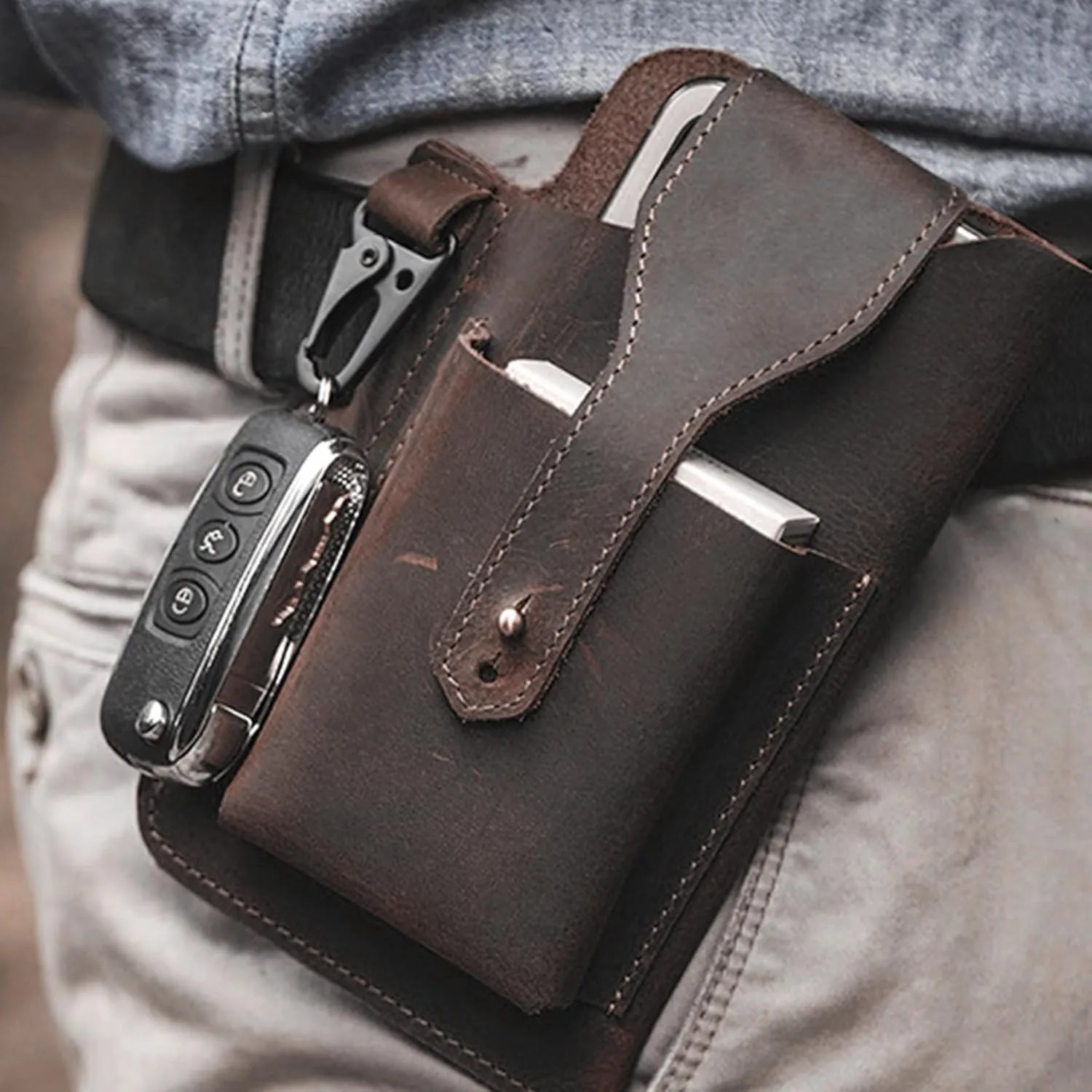 Crazy Horse Leather Mobile Phone Bag Tactical Waist Bag Hanging Bag Retro Genuine Leather Men's Waist Bag