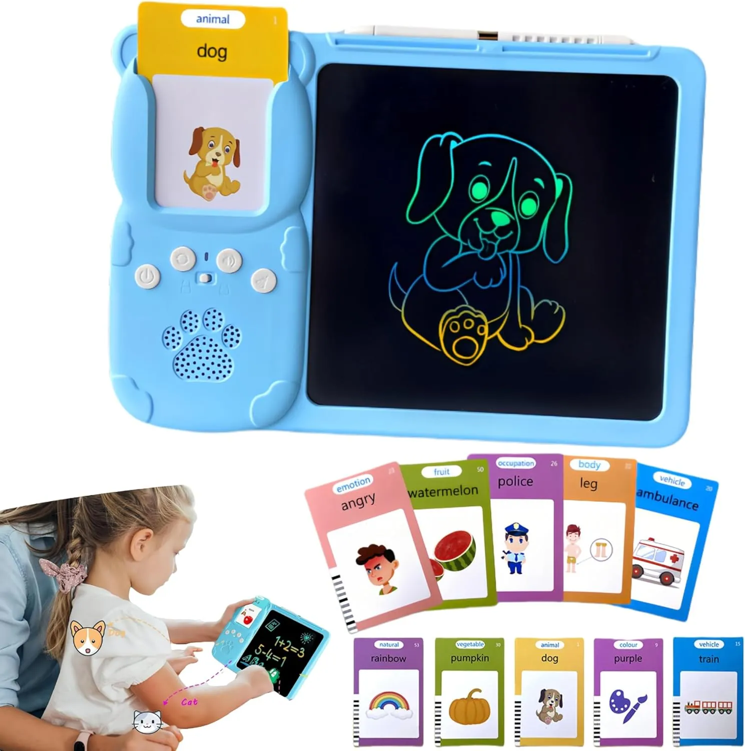 Croeve Talking Tablet, LED Writing Tablet for Kids, 2-in-1 Voice Pad & Drawing Pad, Magic Doodle Board Drawing for Kids Electronic Writing Board (1 PCS Blue, 224 Words)