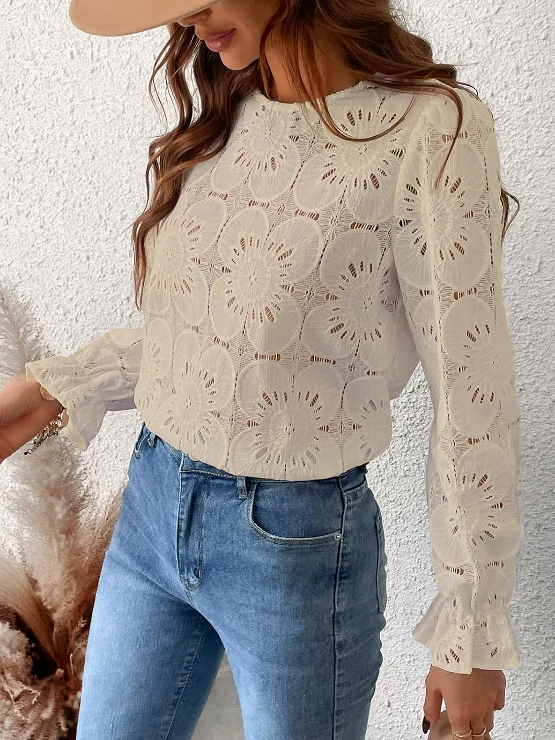 CUPSHE Women Eyelet Long Sleeve Tops Shirts Dressy Hollow Out Crochet Lace Embroidered Blouses 2025 Fashion
