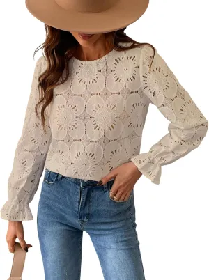 CUPSHE Women Eyelet Long Sleeve Tops Shirts Dressy Hollow Out Crochet Lace Embroidered Blouses 2025 Fashion